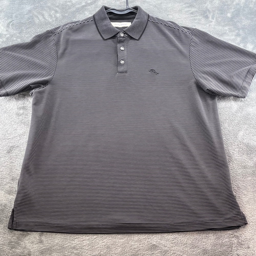 Tommy Bahama Mens Large Polo Shirt Grey Black Striped Modal Blend Marlin Logo